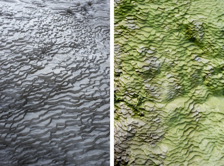 ice terraces seen on the snowy streets of Boston vs. silica sinter terraces seen in Wai-O-Tapu, New Zealand