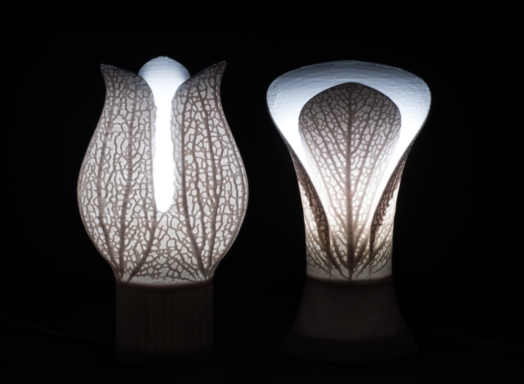 Calyx (left) and Bromeliad (right) 3D-printed lamps