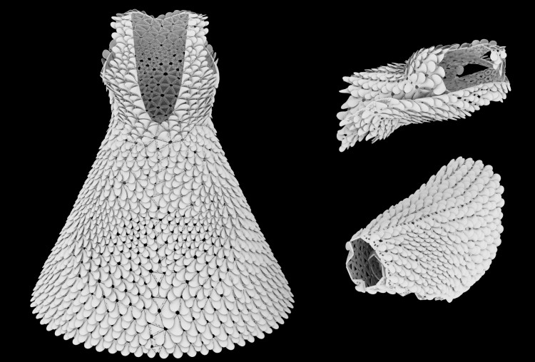 Kinematics Petals Dress 2 pre-production renderings showing the design and the computationally folded parts for printing
